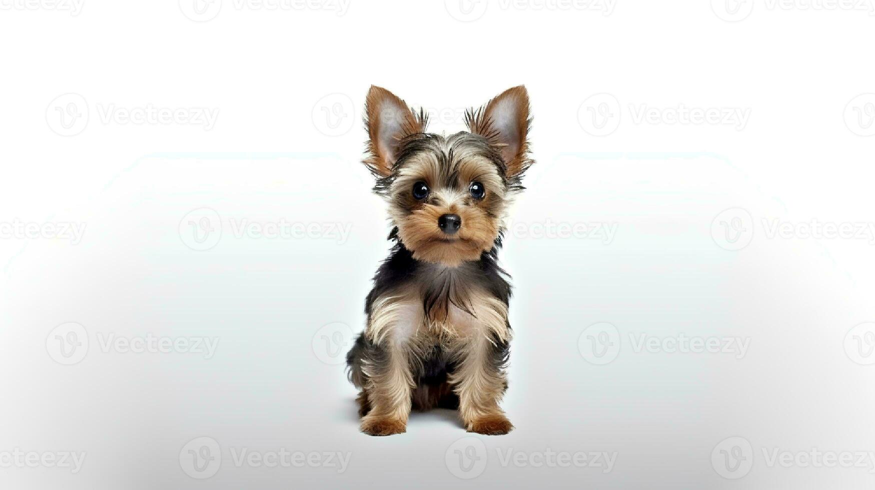 Foto von ein Yorkshire Terrier auf Weiß Hintergrund. generativ ai