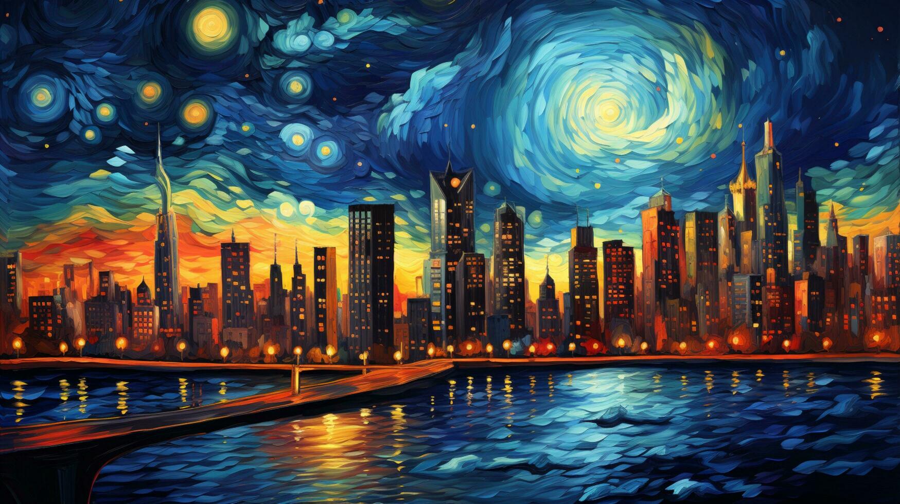 Aussicht Stadt im das Nacht Illustration Kunst Hintergrund foto