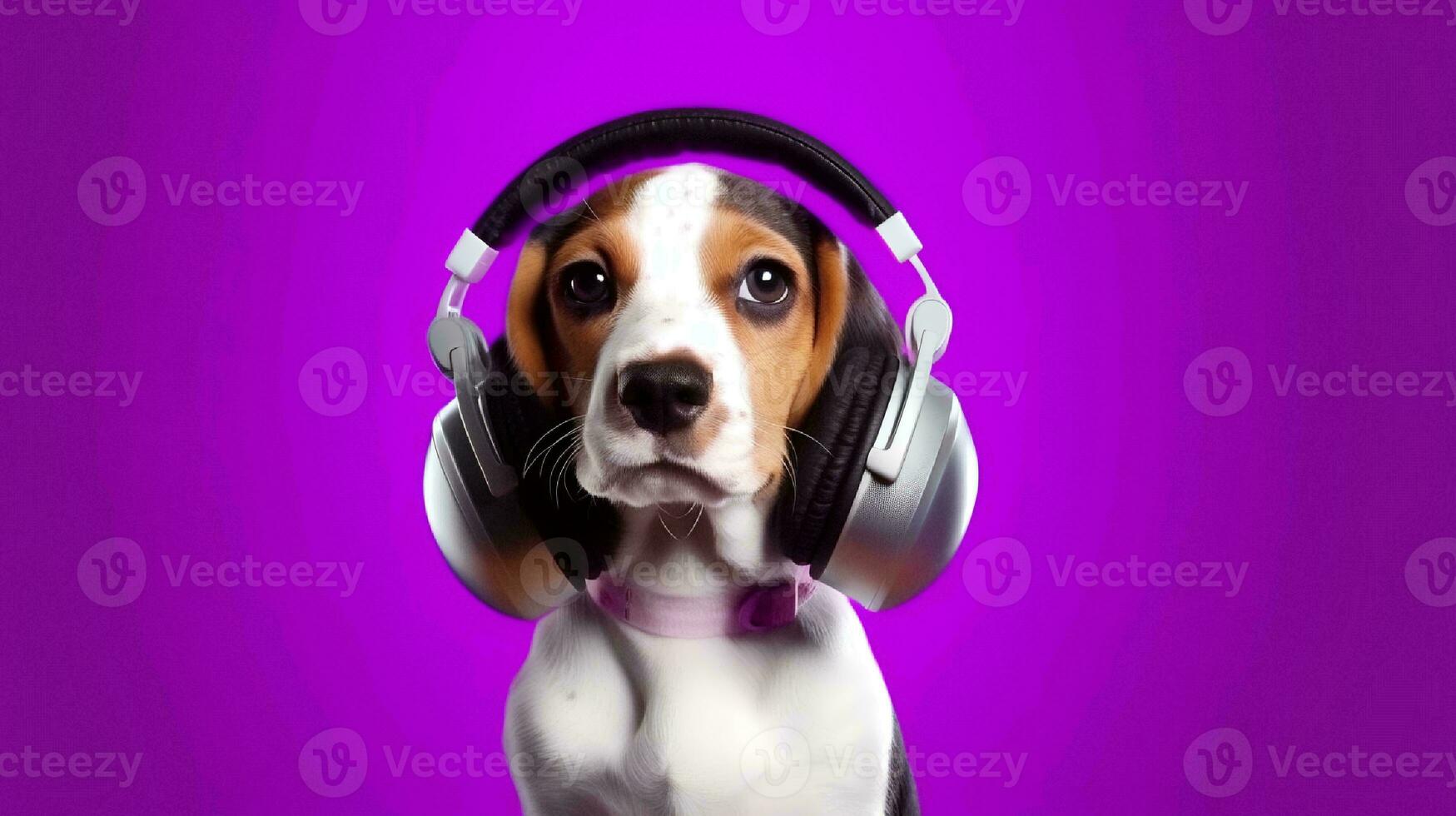 Foto von Beagle mit Kopfhörer auf lila Hintergrund