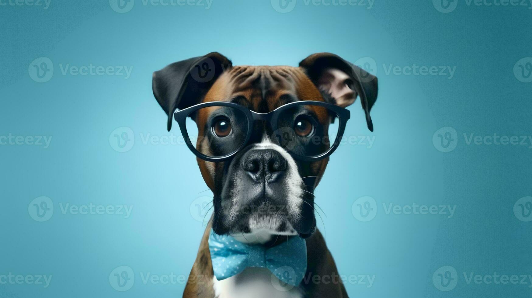 Boxer Hund mit Brille auf Blau Hintergrund. generativ ai foto