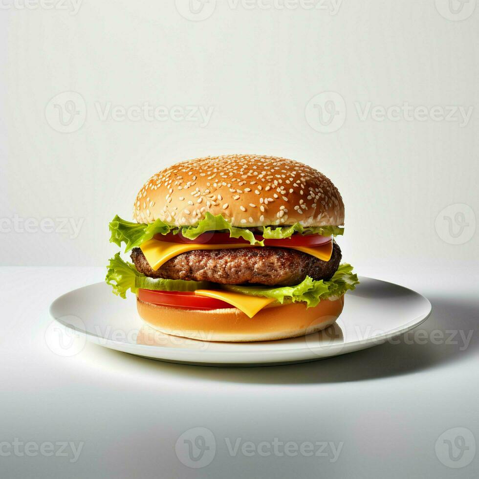Foto von Burger auf Teller isoliert auf Weiß Hintergrund. erstellt durch generativ ai