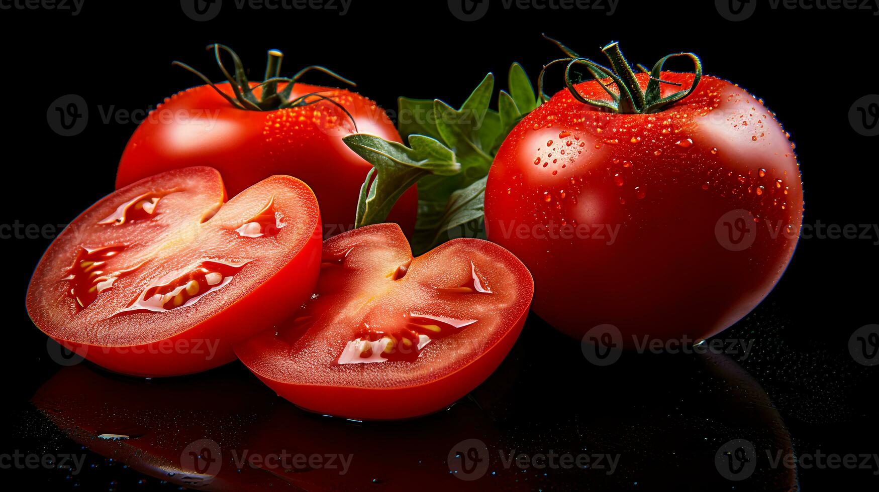 Foto von Tomaten und Scheibe von Tomate isoliert auf schwarz Hintergrund