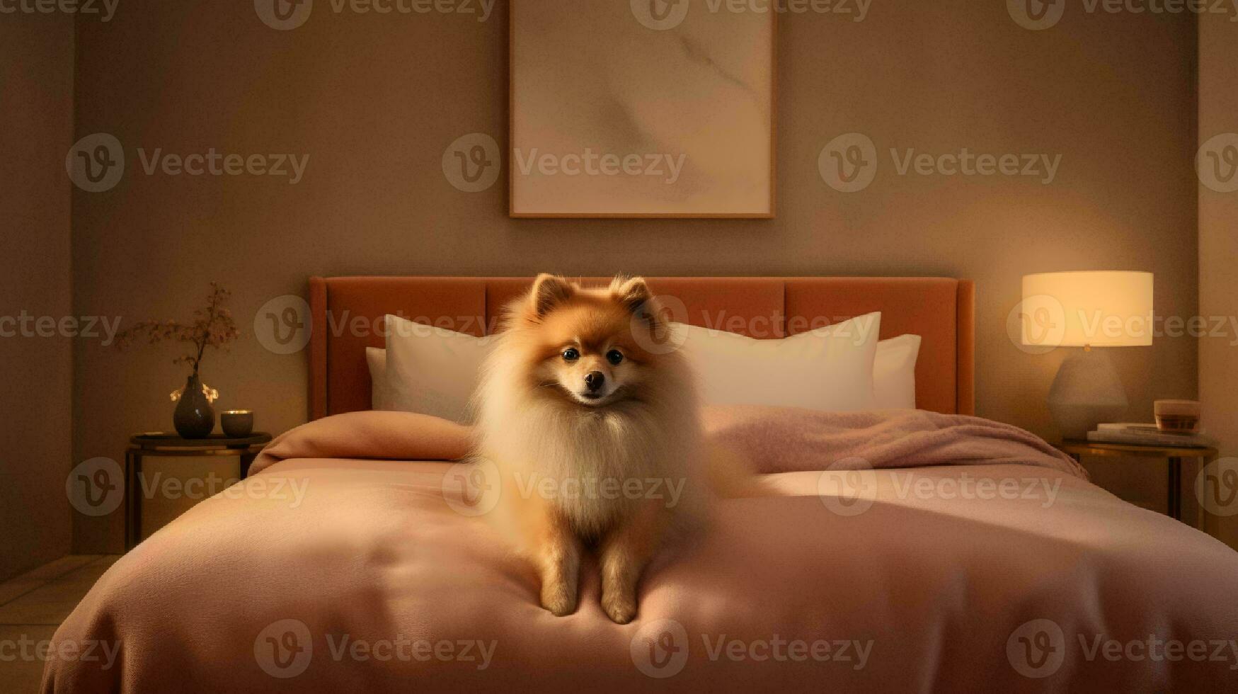 pommerschen Hund Lügen auf Bett im Hotel mit zeitgenössisch Innere Design. generativ ai foto