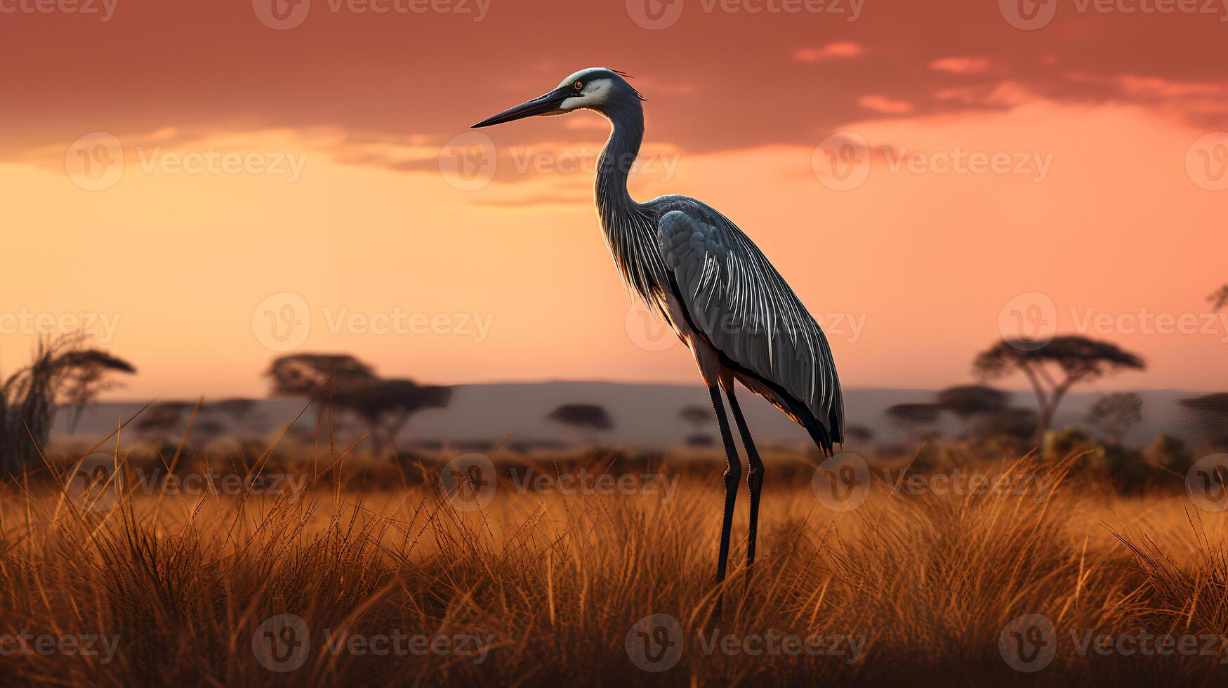 Foto von Goliath Reiher auf Savanne beim Sonnenuntergang. generativ ai