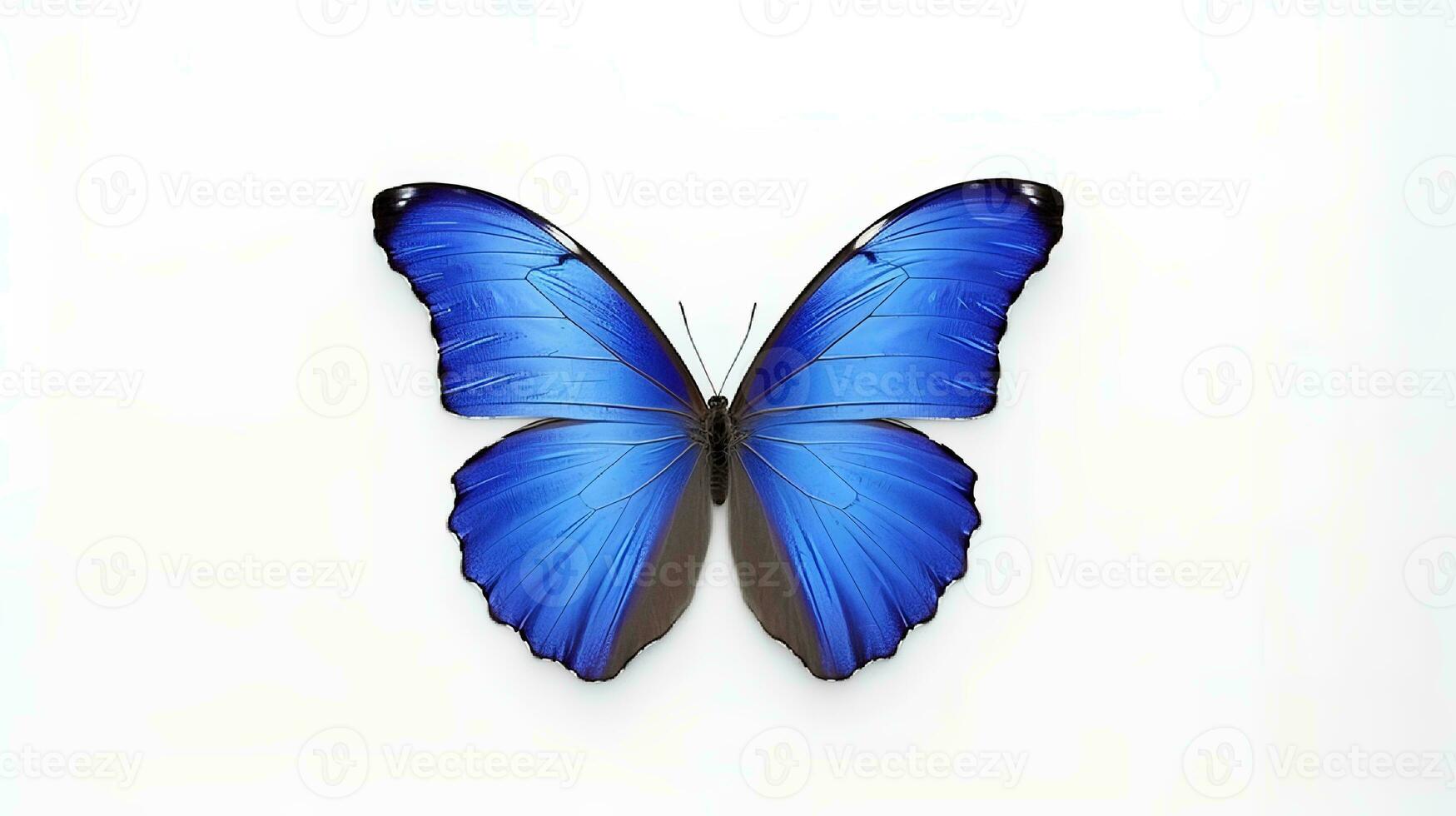 Foto von ein Blau Morpho Schmetterling auf Weiß Hintergrund. generativ ai