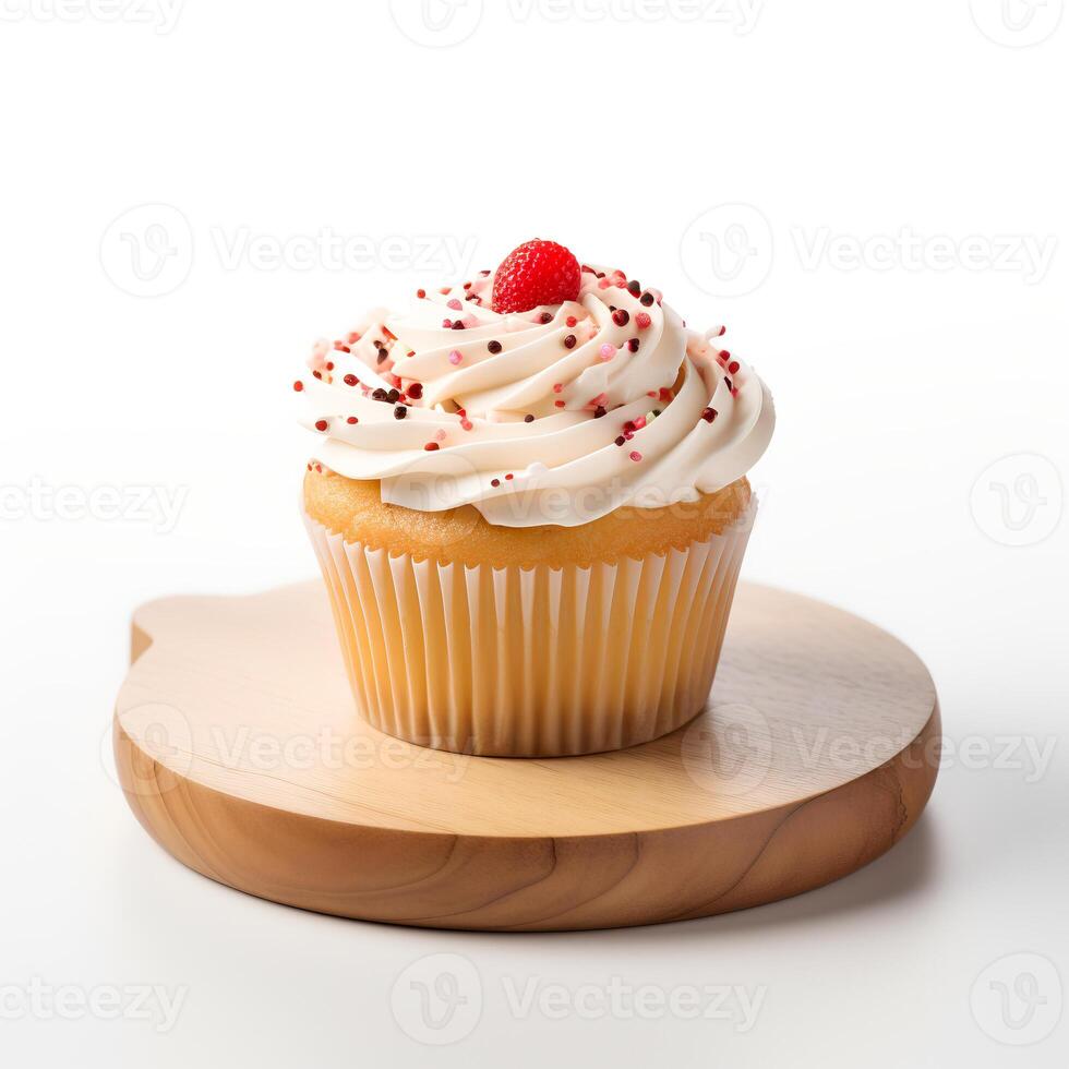 Foto von Tasse Kuchen auf hölzern Tafel isoliert auf Weiß Hintergrund. erstellt durch generativ ai