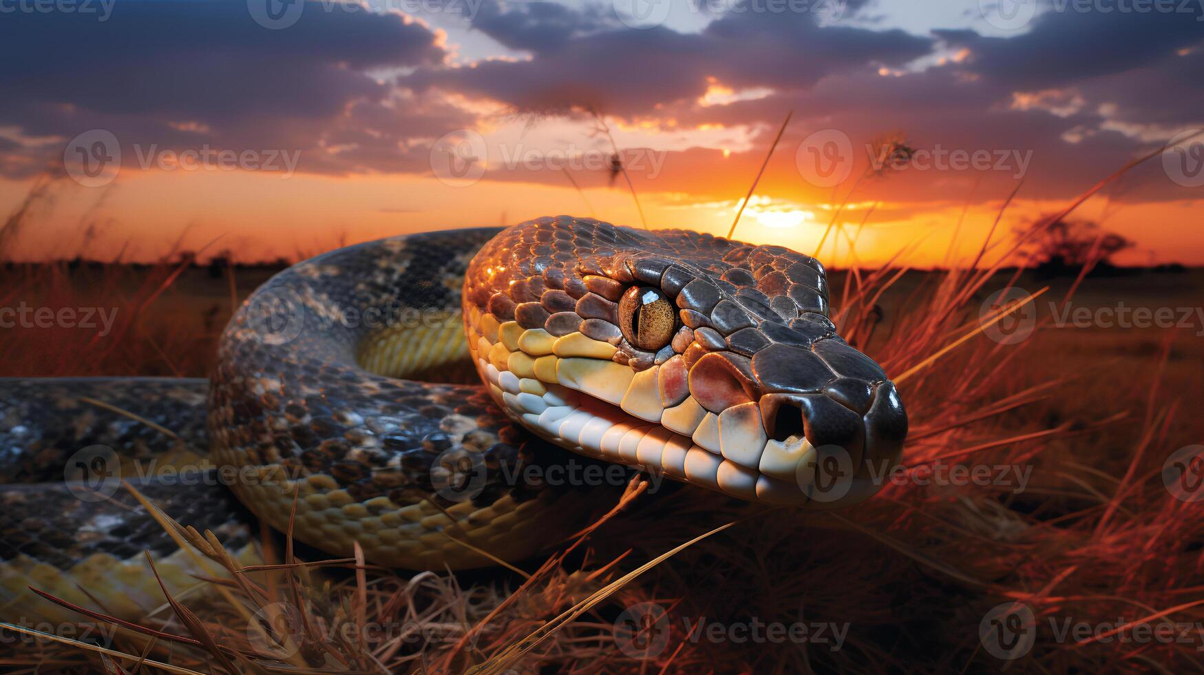 Foto von afrikanisch Python auf Savanne beim Sonnenuntergang. generativ ai