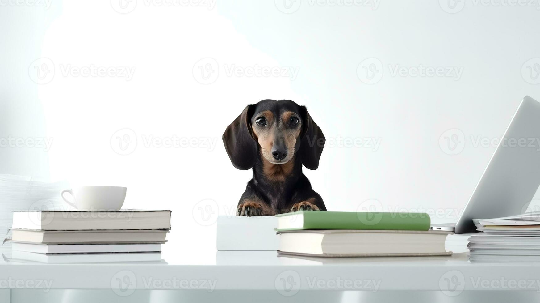 ein Dackel Hund sitzt studieren begleitet durch ein Tasse und Haufen von Bücher. generativ ai foto