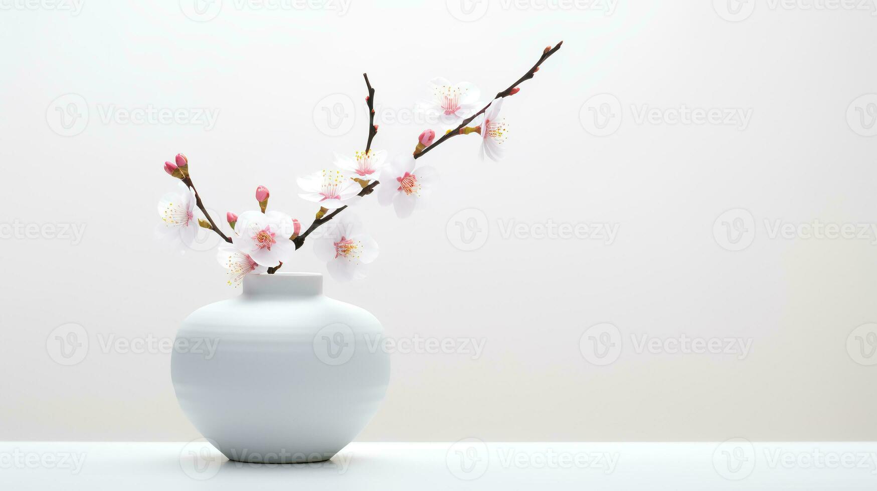 Foto von Pflaume blühen im minimalistisch Topf wie Zimmerpflanze zum Zuhause Dekoration auf Weiß Tabelle auf hell Hintergrund. generativ ai