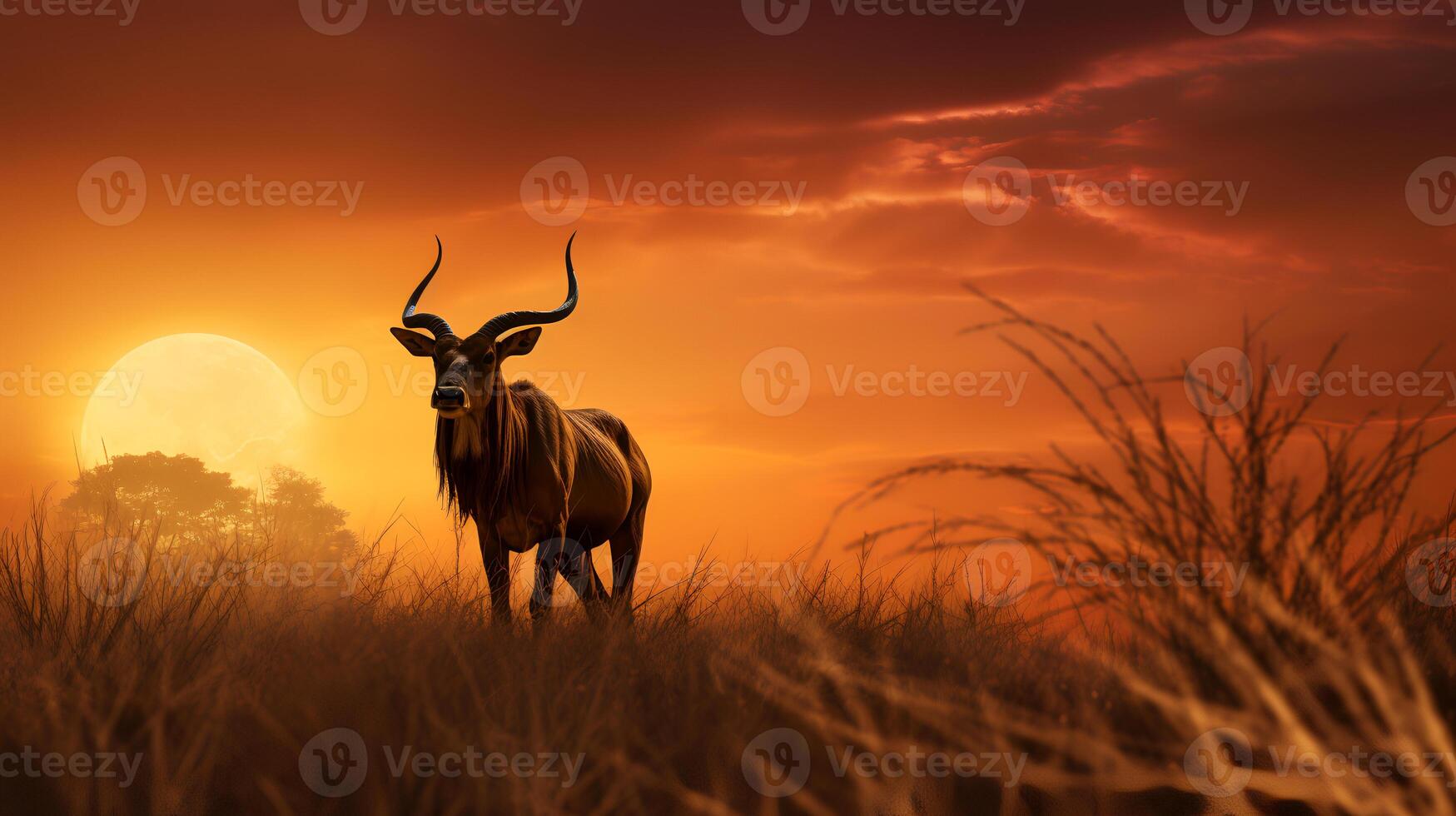 Foto von Gnus auf Savanne beim Sonnenuntergang. generativ ai