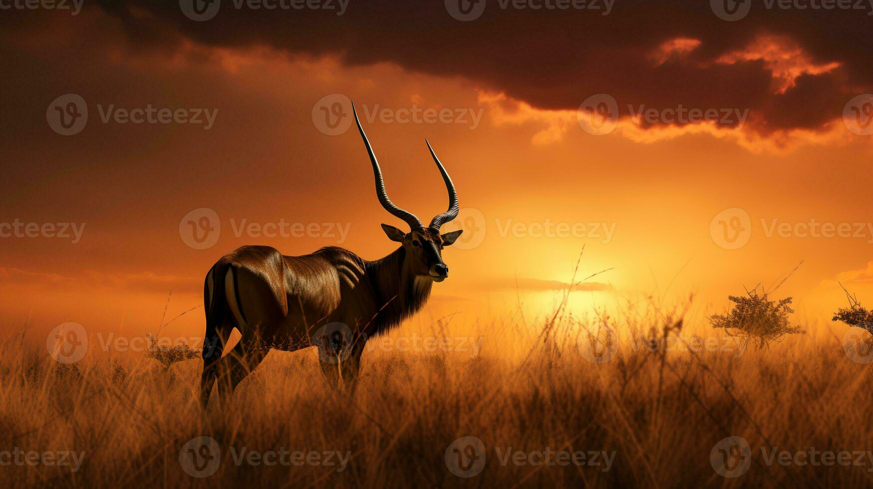 Foto von Gnus auf Savanne beim Sonnenuntergang. generativ ai