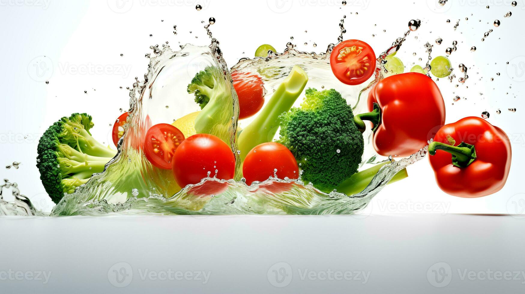 Foto von Tomaten mit Brokkoli mit Spritzen Wasser isoliert auf Weiß Hintergrund