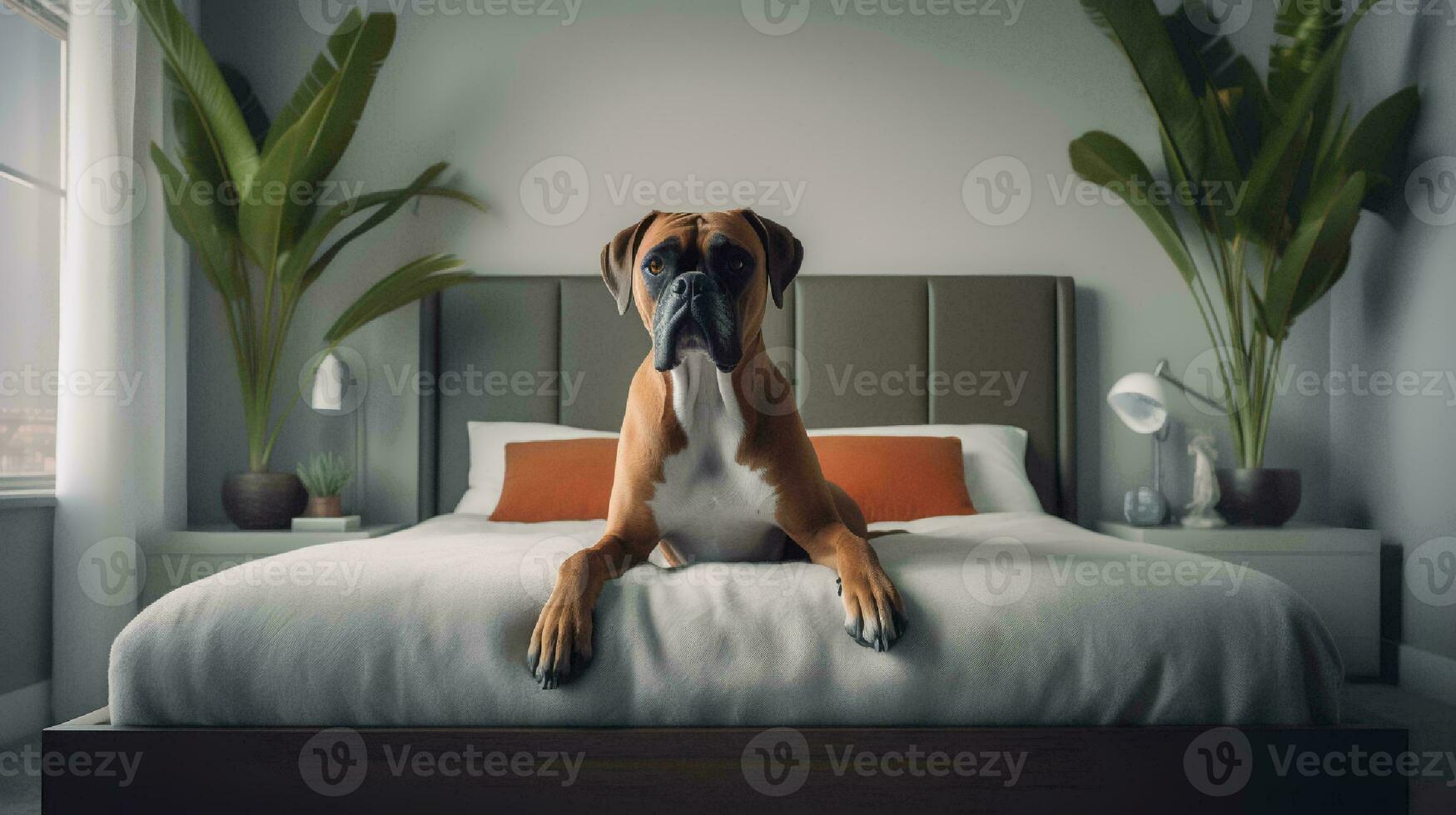 Boxer Hund Lügen auf Bett im Hotel mit zeitgenössisch Innere Design. generativ ai foto