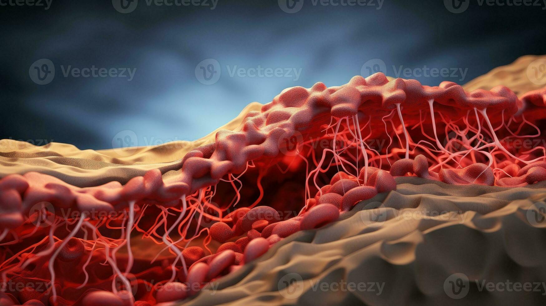 3d Illustration Attrappe, Lehrmodell, Simulation von das Mensch Organ Systeme, Kreislauf, Verdauungs, rot und Weiß Blutzellen mit verschwommen Hintergrund. medizinisch Bildung Konzept, generativ ai Illustration foto