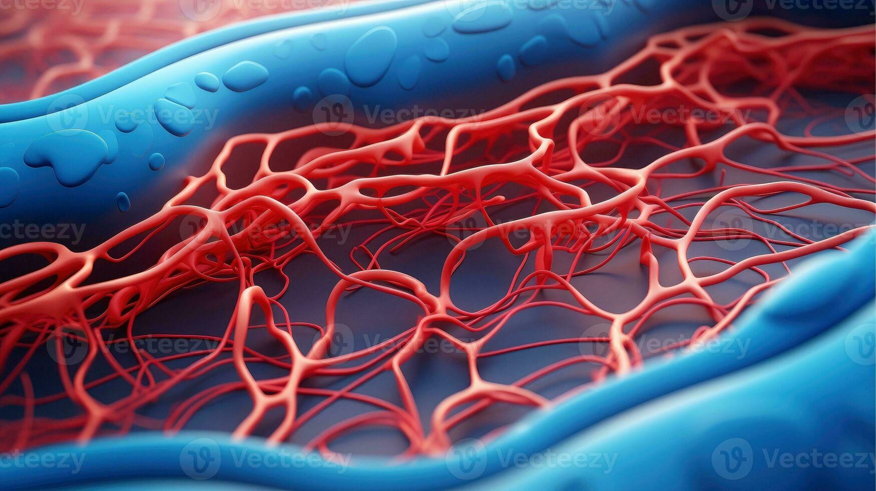 3d Illustration Attrappe, Lehrmodell, Simulation von das Mensch Organ Systeme, Kreislauf, Verdauungs, rot und Weiß Blutzellen mit verschwommen Hintergrund. medizinisch Bildung Konzept, generativ ai Illustration foto