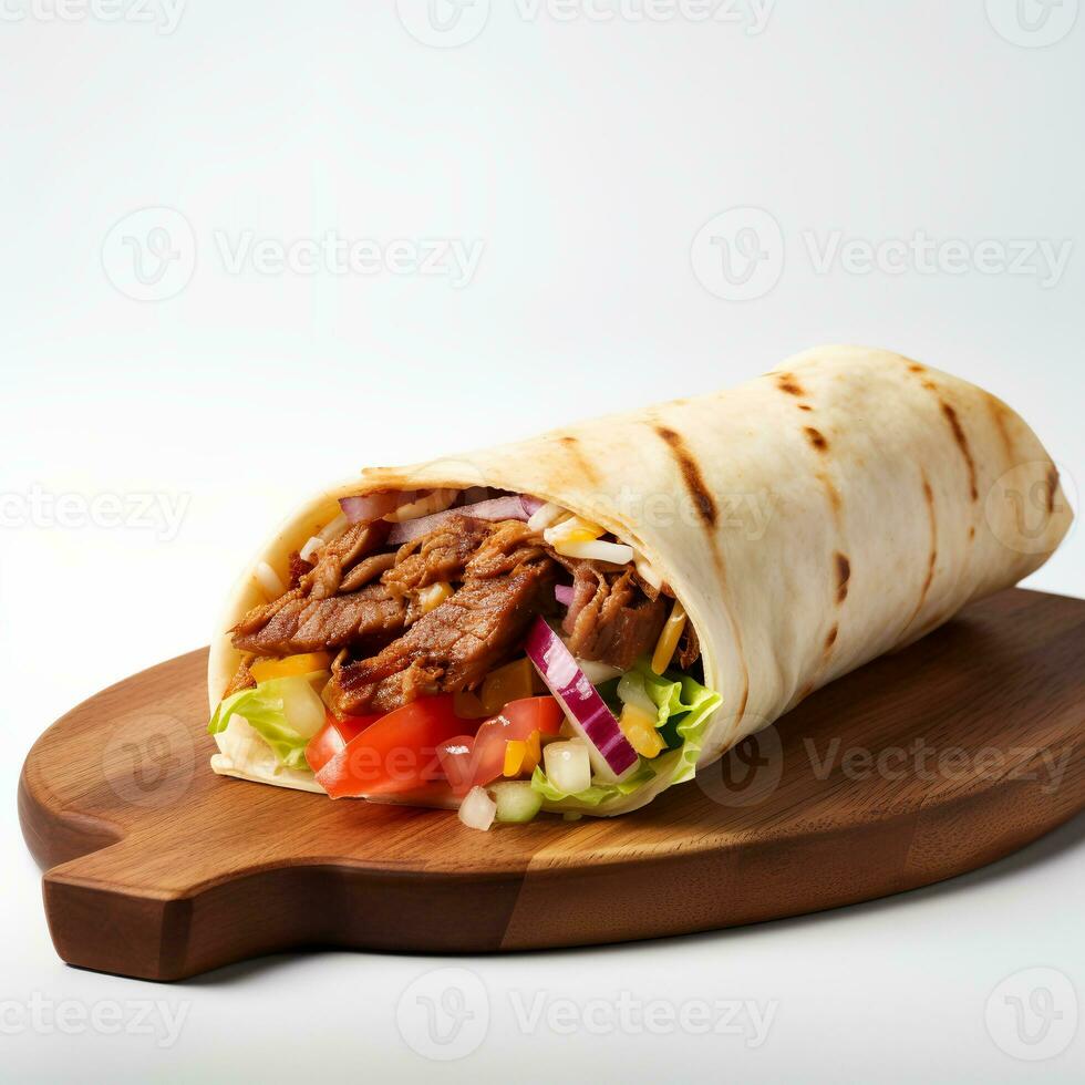 Essen Fotografie von Döner auf hölzern Tafel isoliert auf Weiß Hintergrund. generativ ai foto