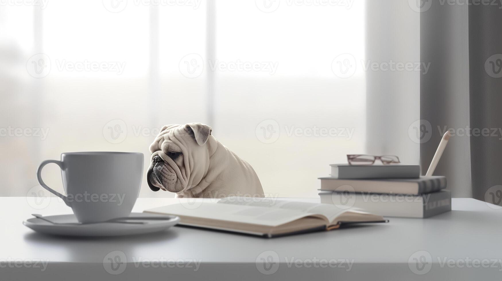 ein Bulldogge Hund im ein Gelb Kleider sitzt studieren begleitet durch ein Tasse und Haufen von Bücher foto