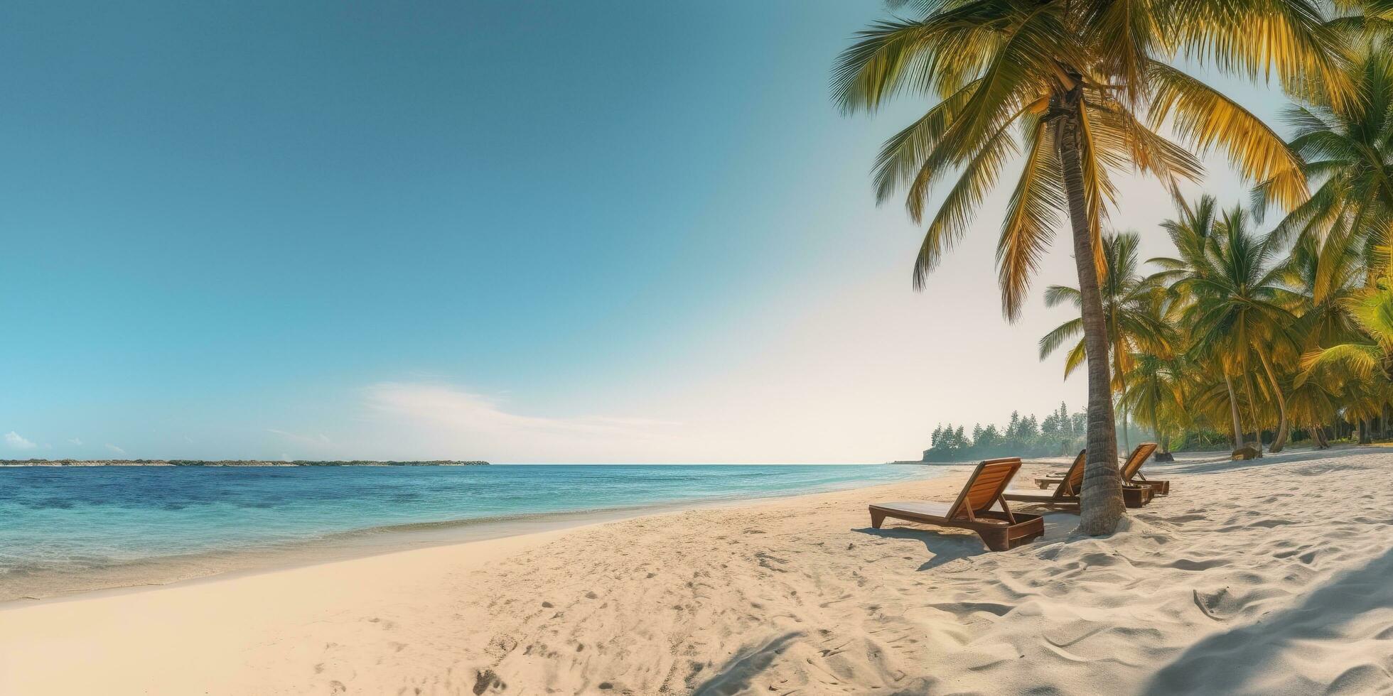 Weiß Sand und Kokosnuss Pflanze Reise Tourismus breit Panorama Hintergrund Konzept. generativ ai foto