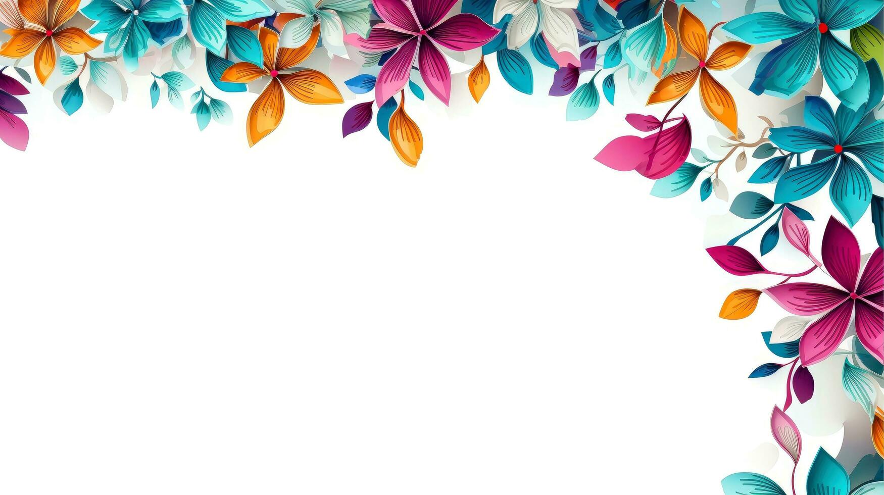 Blumen- Rand Rahmen Karte Vorlage. Mehrfarbig Blumen, Blätter, zum Banner, Hochzeit Karte. Frühling Komposition mit Kopierraum, generativ ai Illustration foto