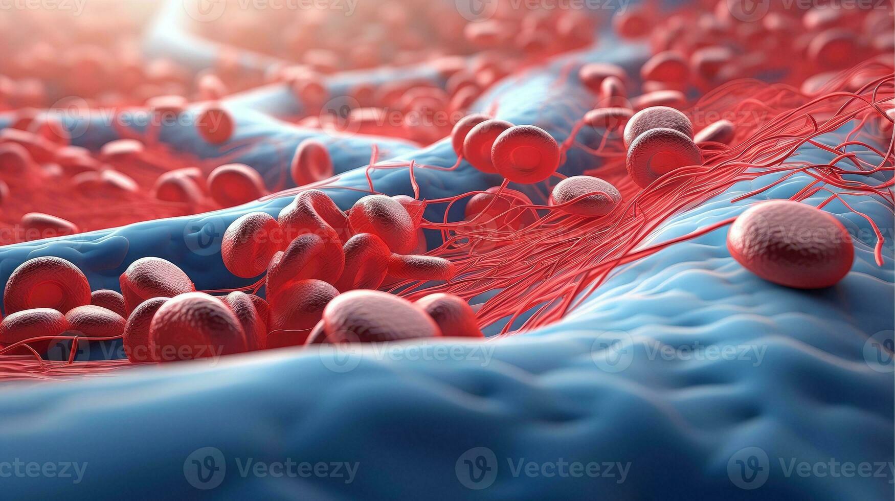 3d Illustration Attrappe, Lehrmodell, Simulation von das Mensch Organ Systeme, Kreislauf, Verdauungs, rot und Weiß Blutzellen mit verschwommen Hintergrund. medizinisch Bildung Konzept, generativ ai Illustration foto