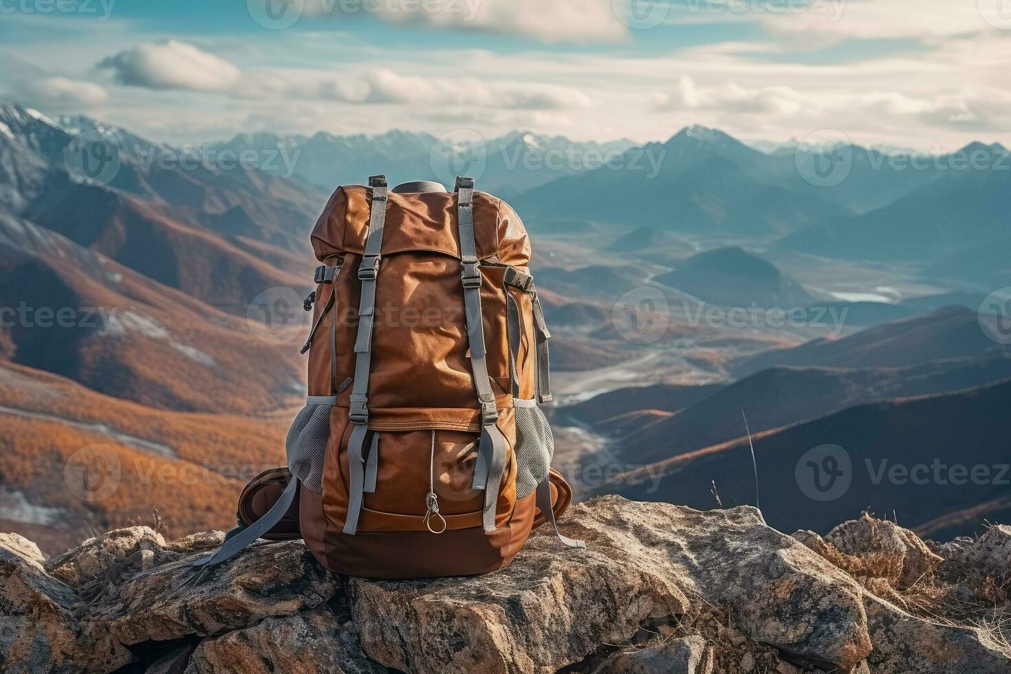 Wandern Rucksack auf das Hintergrund von Berge. generativ ai Technologie. foto