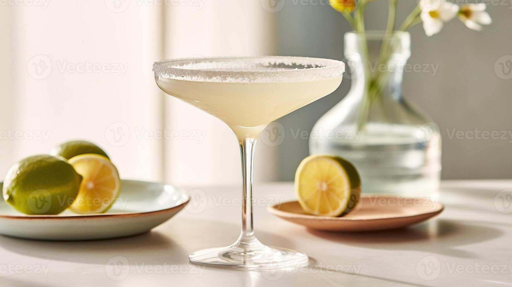 generativ ai, Margarita Cocktail auf das Tabelle im das Weiß Küche mit Kalk. alkoholisch trinken foto