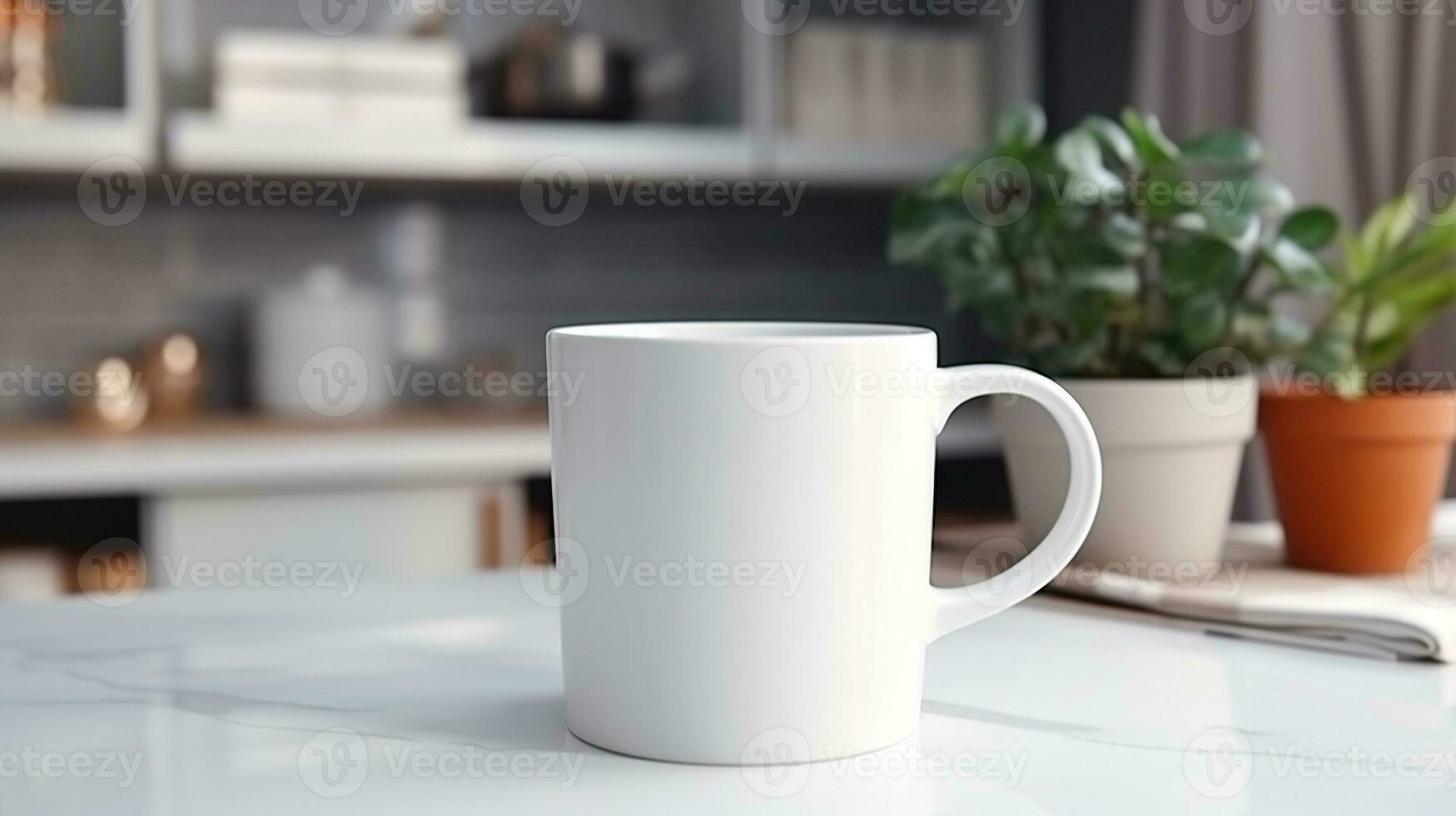 generativ ai, Weiß Keramik Tasse installieren im beim Zuhause Innere, Becher spotten oben leer. foto