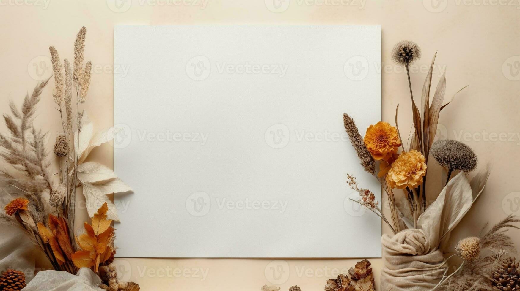 generativ ai, Bohemien Weiß leer Blatt Papier umgeben durch natürlich getrocknet Blätter und Pflanzen, Poster spotten oben foto