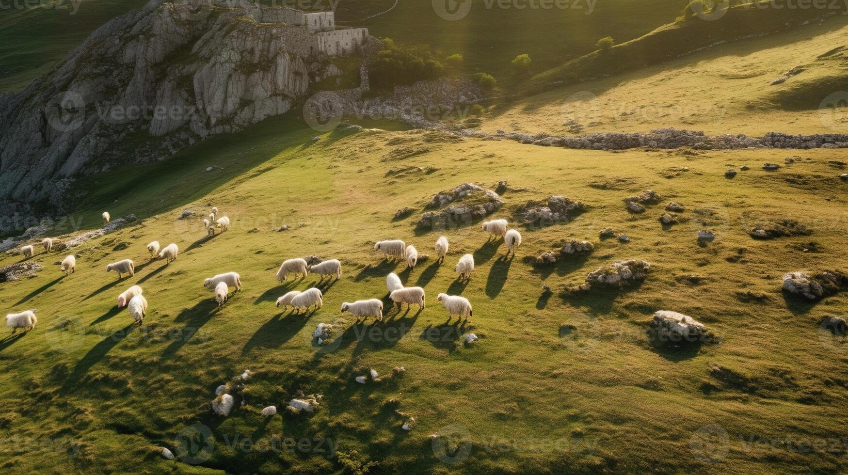 generativ ai, schön Grün Berge Landschaft mit Herde von Schafe Weiden lassen auf üppig Gras auf Ackerland foto