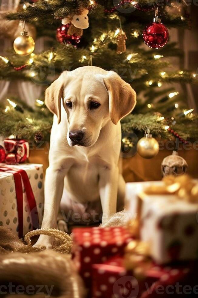 heiter Labrador Standort gegen Weihnachten Hintergrund. das Hund Labrador ist warten zum ein Feier beim heim. Banner. generativ ai foto