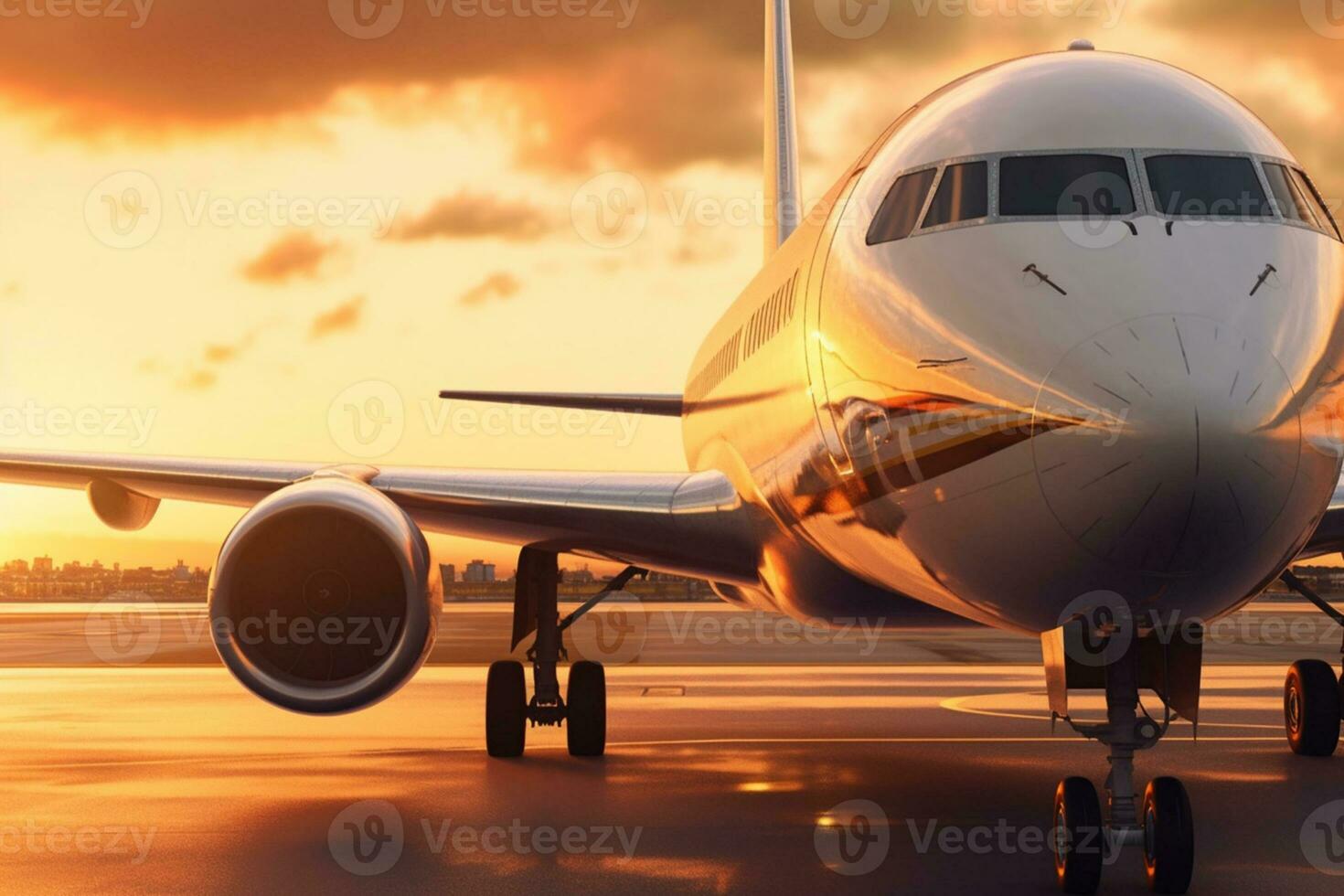 Landung Flugzeug gegen ein golden Himmel beim Sonnenuntergang. Passagier Flugzeug schließen oben im Sonnenuntergang Licht. das Konzept von schnell reisen, Erholung und Geschäft. generativ ai foto