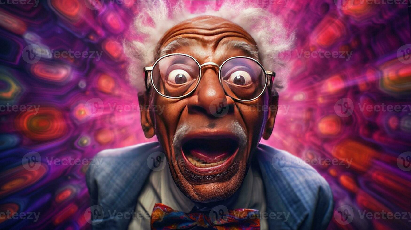 generativ ai, afrikanisch amerikanisch komisch glücklich alt Pensionierung Mann Nahansicht Porträt, tragen Brille und modern modisch Kleider foto
