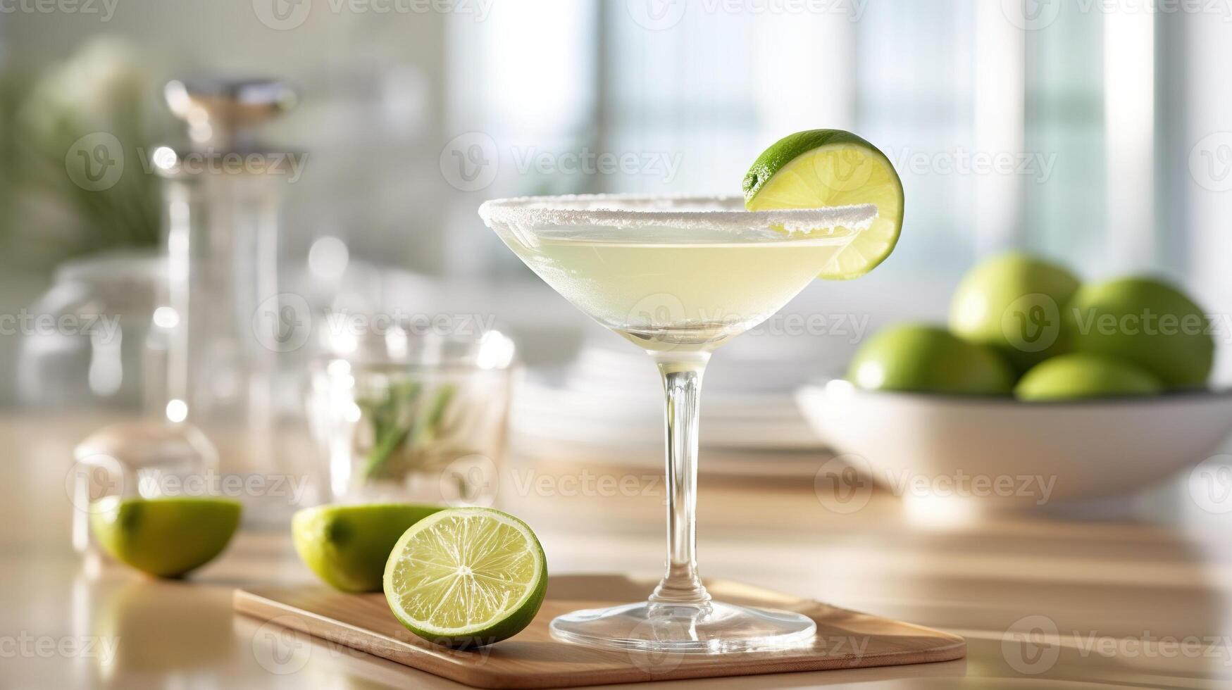 generativ ai, Margarita Cocktail auf das Tabelle im das Weiß Küche mit Kalk. alkoholisch trinken foto