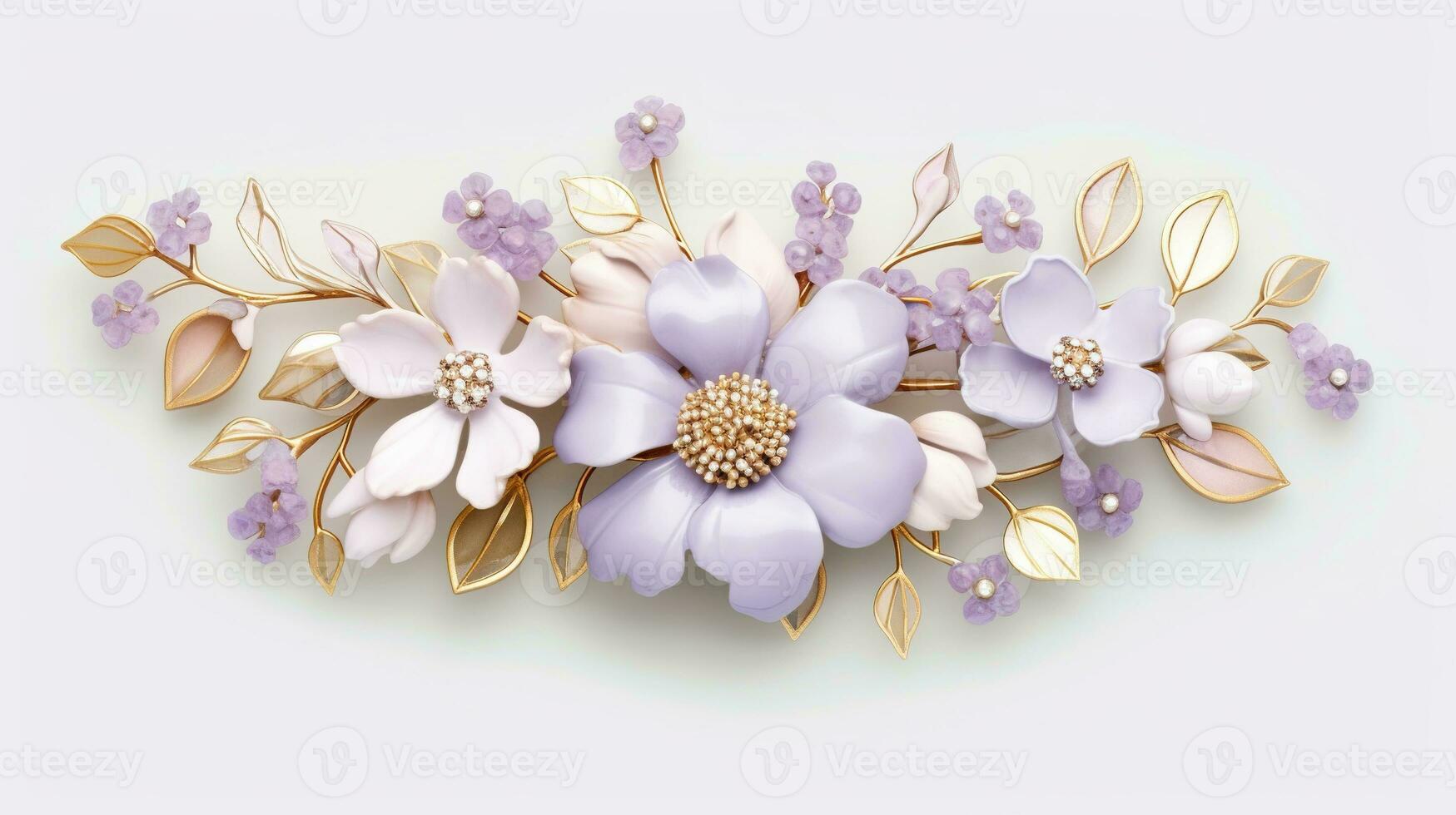 generativ ai, schön Licht violett, Lavendel Farbe Blumen Brosche, Opal Stein und golden Farbe Palette isoliert auf Weiß Hintergrund. Schmuck, Schmuck schließen oben foto