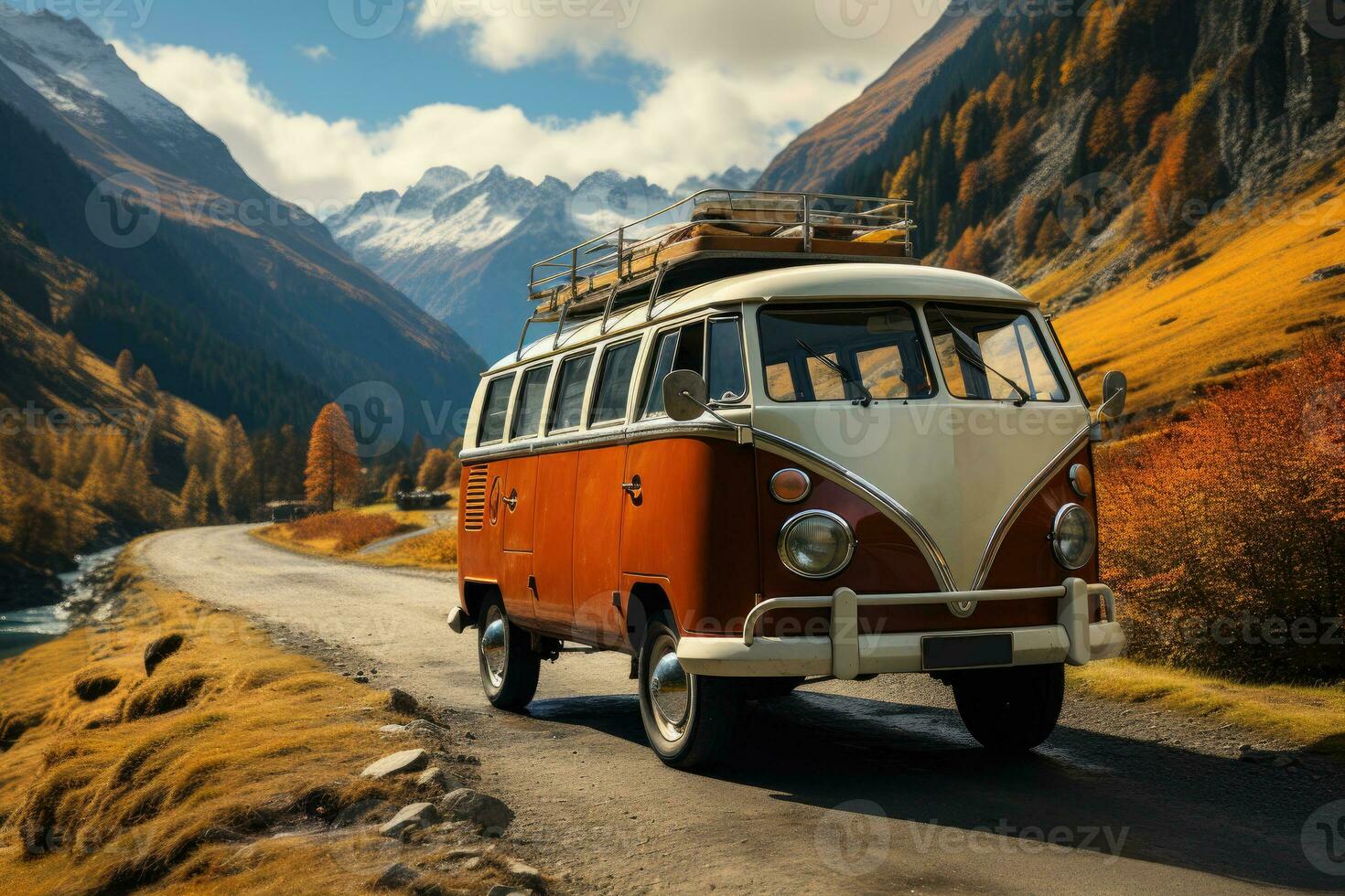 Jahrgang Wohnmobil van im das Berge. Abenteuer Konzept. generativ ai foto