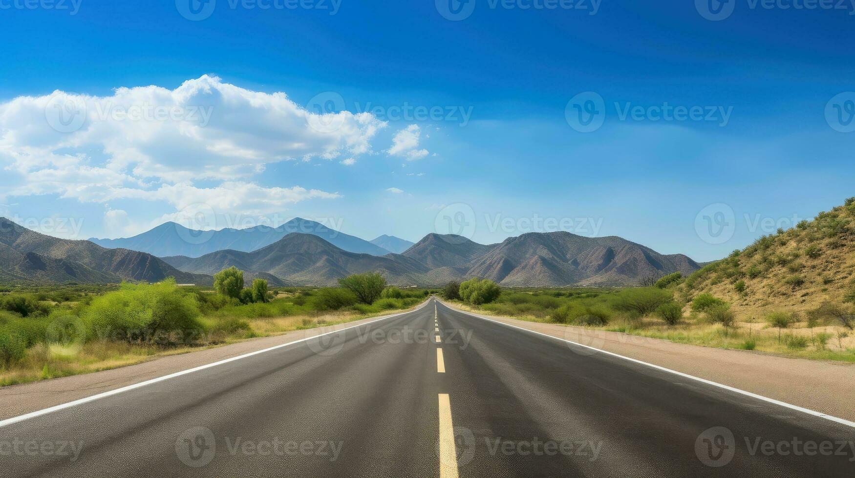 Illustration Bild von Landschaft mit Land Straße, leeren Asphalt Straße auf Blau wolkig Himmel Hintergrund. Mehrfarbig beschwingt draußen horizontal Bild, generativ ai Illustration foto