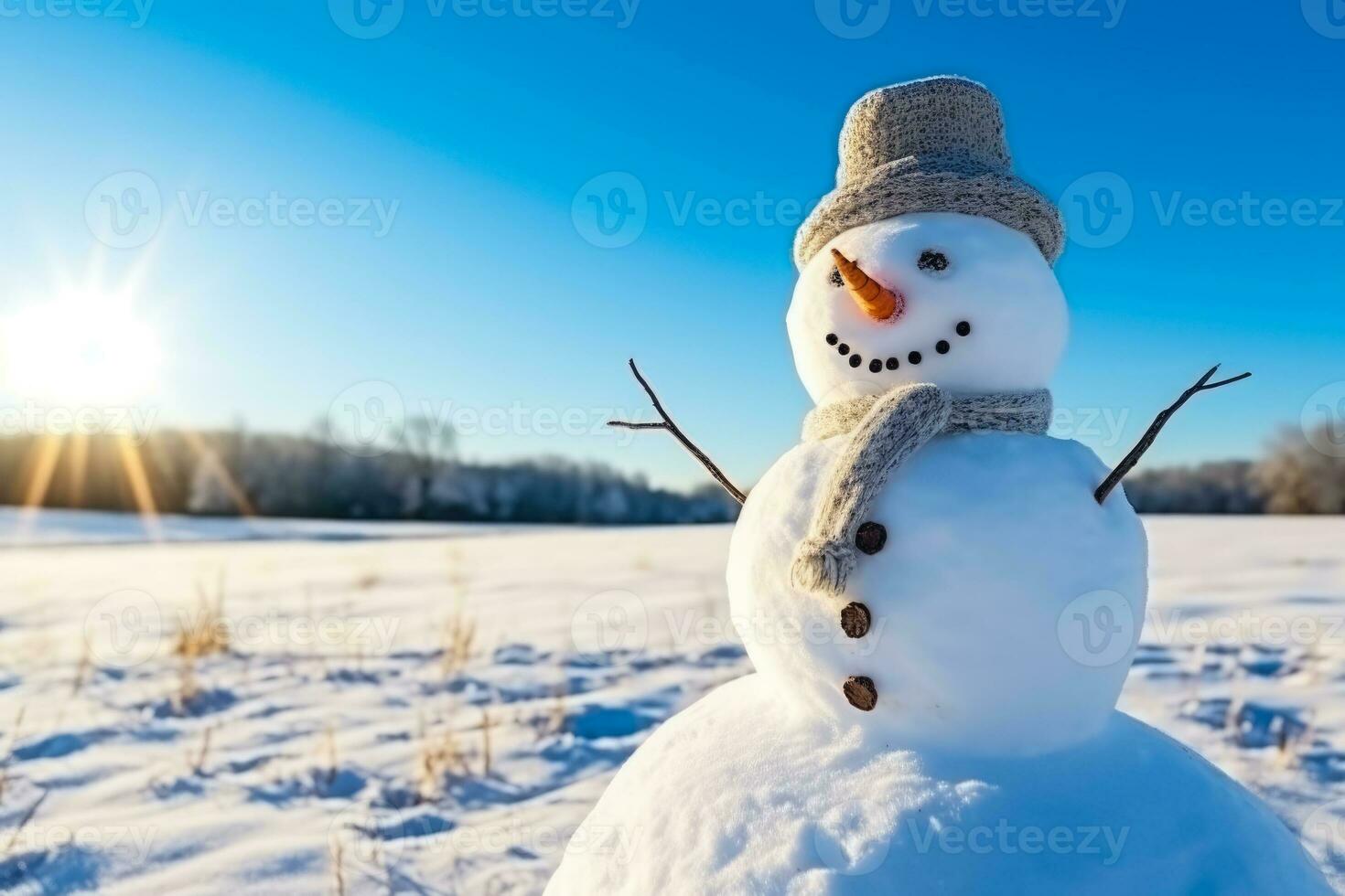 Schneemann im schneebedeckt Feld unter ein klar Blau Himmel Hintergrund foto