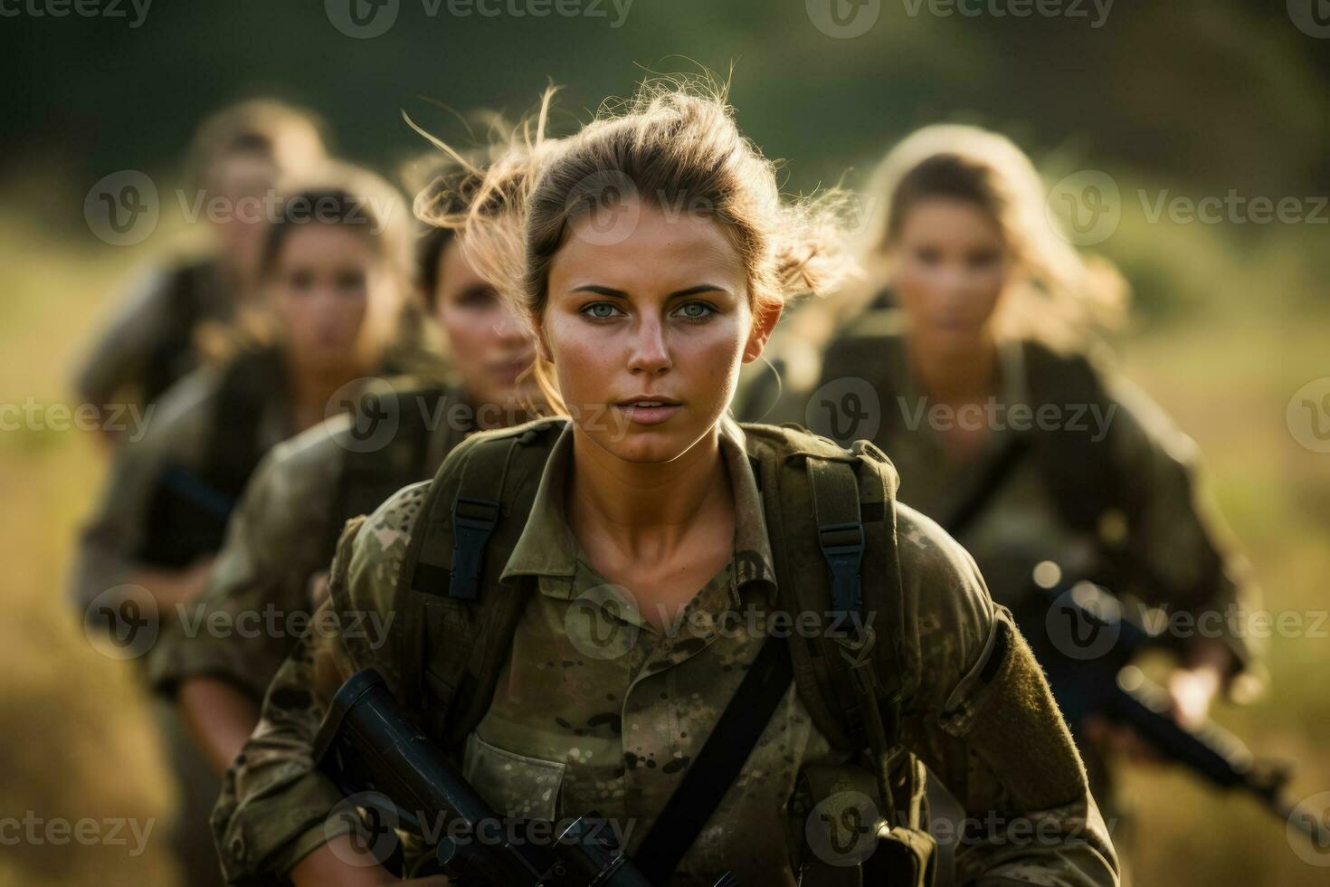 weiblich Soldat Ausbildung mit ein Gruppe im ein Feld Foto mit leeren Raum zum Text