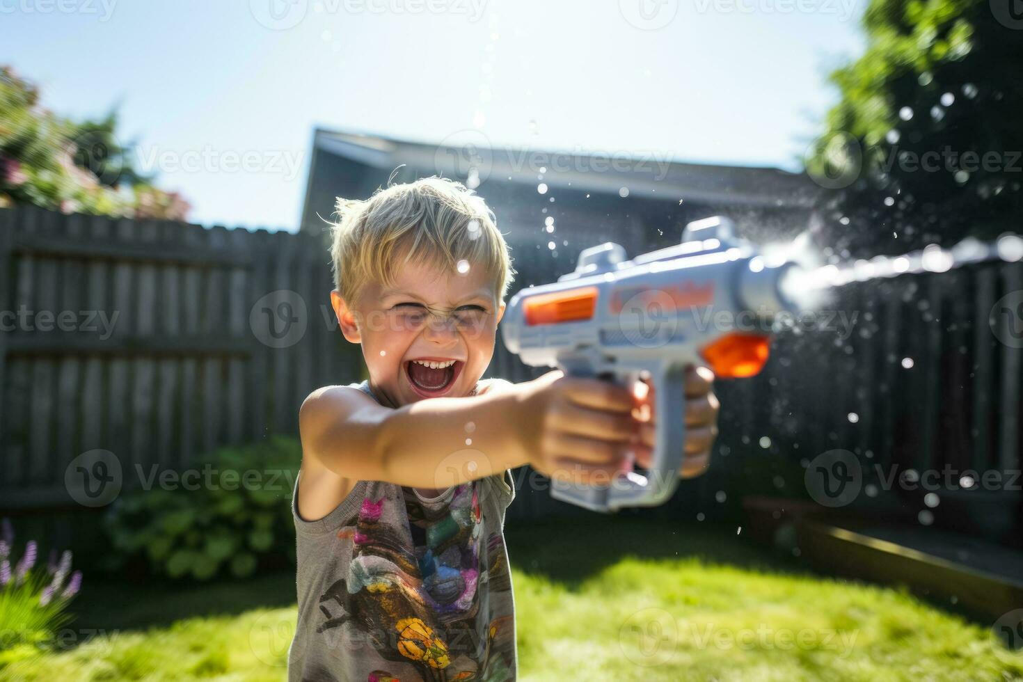 Kinder haben ein Wasser Gewehr Kampf im ihr Hinterhof Foto mit leeren Raum zum Text