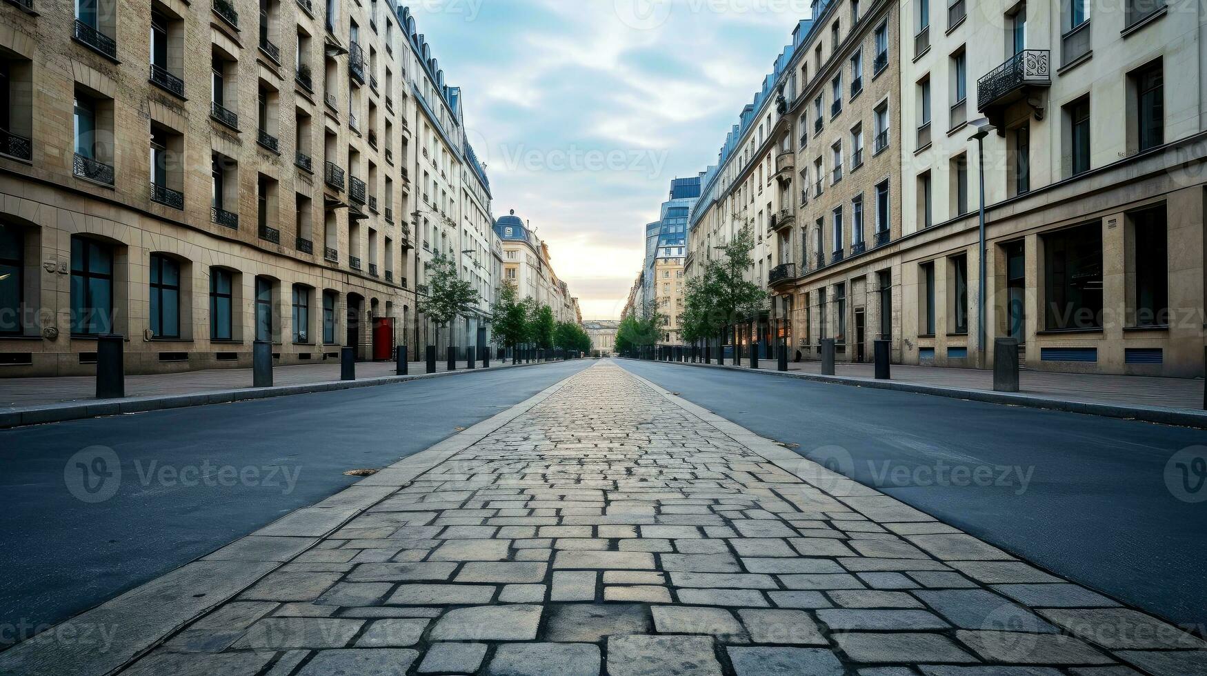 Illustration Bild von klassisch die Architektur und städtisch Straßen, leeren Straße im das Stadt, generativ ai Illustration foto