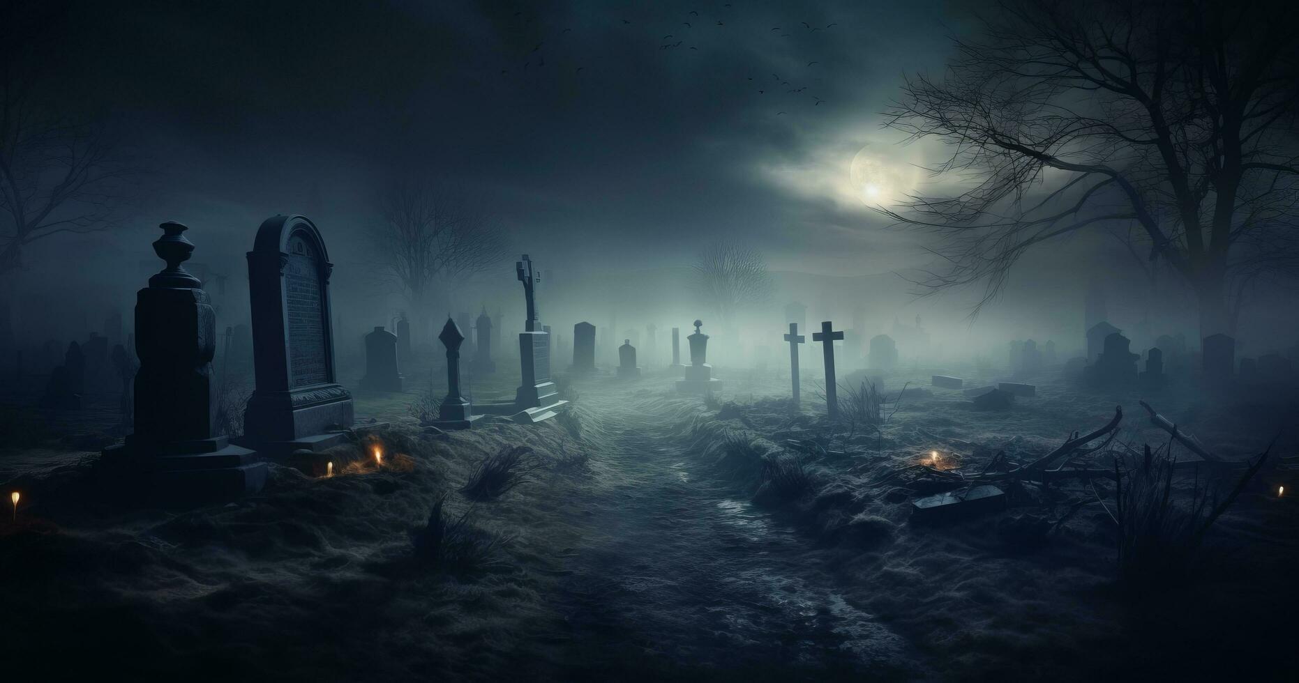 Nacht Szene im ein Friedhof mit Grabsteine foto