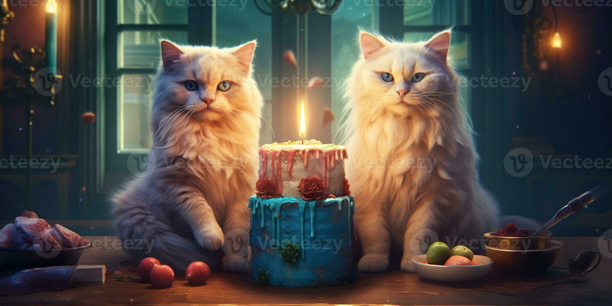 generativ ai, Katze Geburtstag Party, Kuchen mit ein Kerzen foto