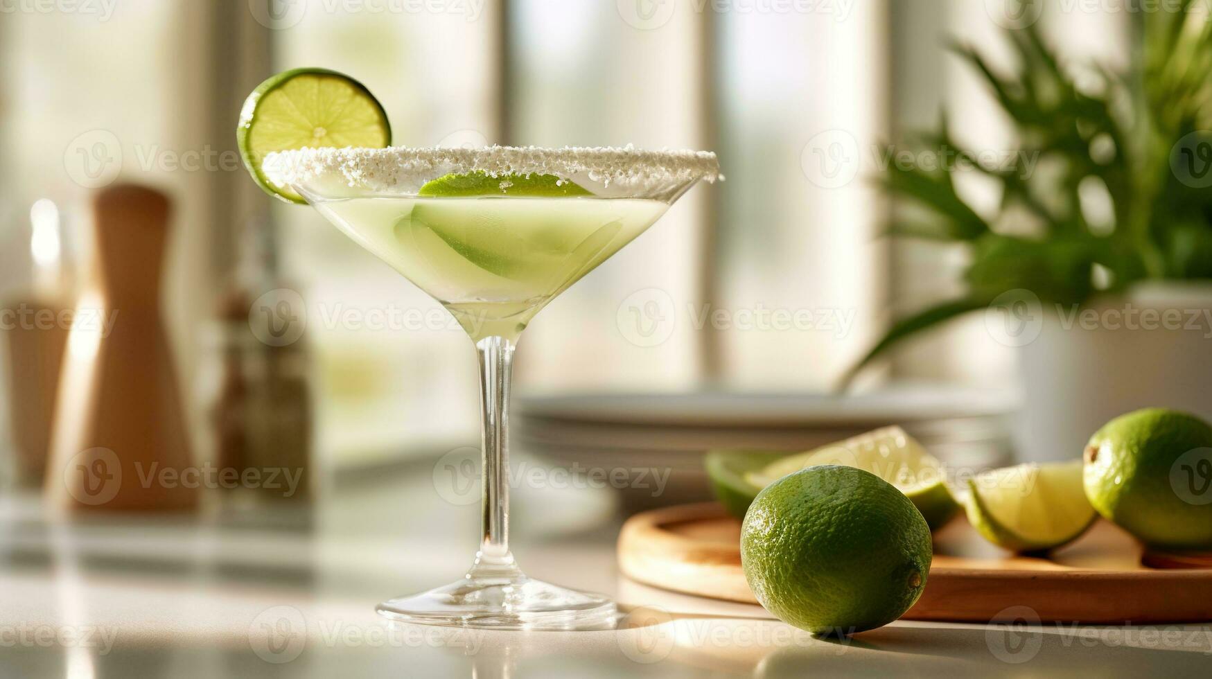 generativ ai, Margarita Cocktail auf das Tabelle im das Weiß Küche mit Kalk. alkoholisch trinken foto