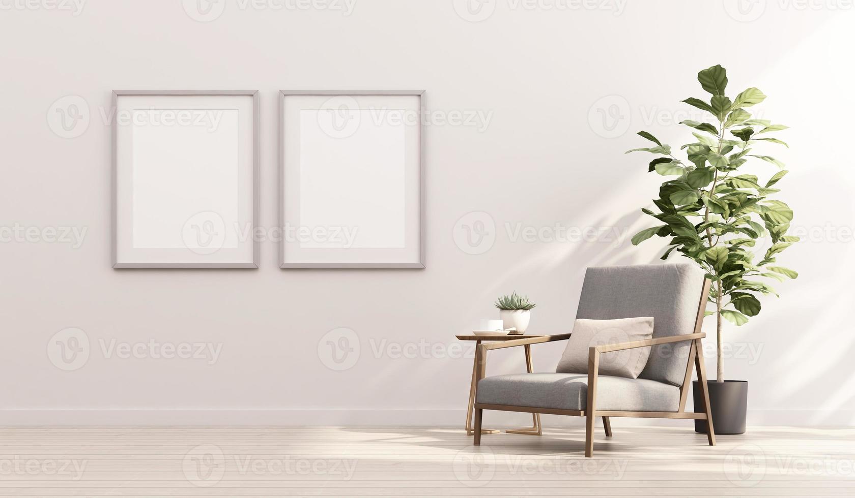 3D-Rendering von Mock-up-Innenarchitektur für Wohnzimmer mit Bilderrahmen an weißer Wand foto