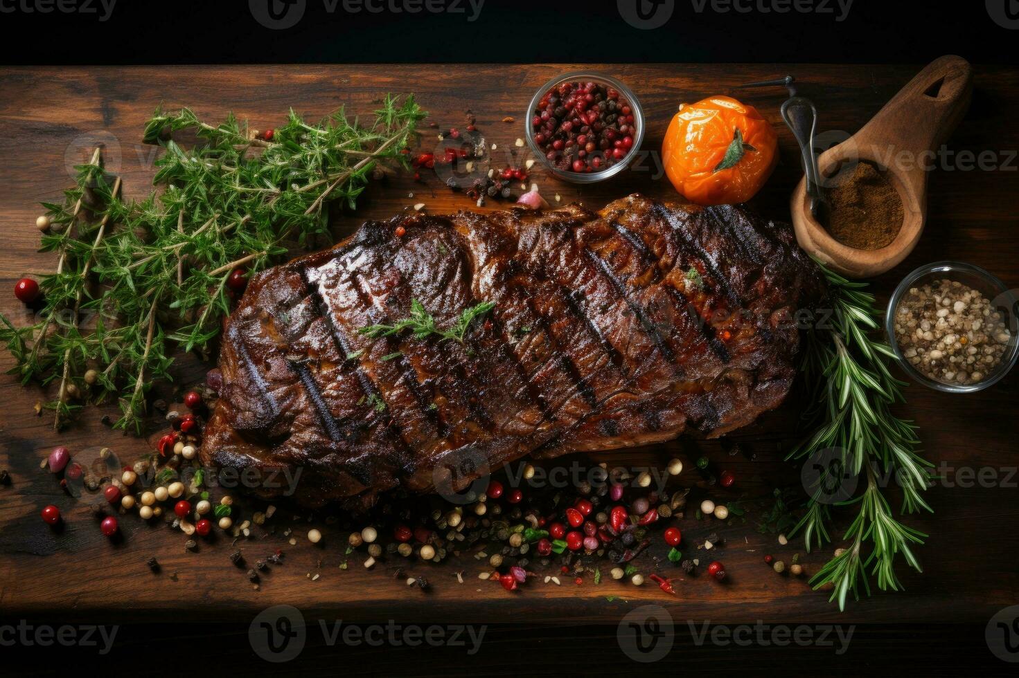 gegrillt Fleisch Grill Steak auf hölzern Schneiden Tafel mit Rosmarin und Kopieren Raum. oben Sicht. foto