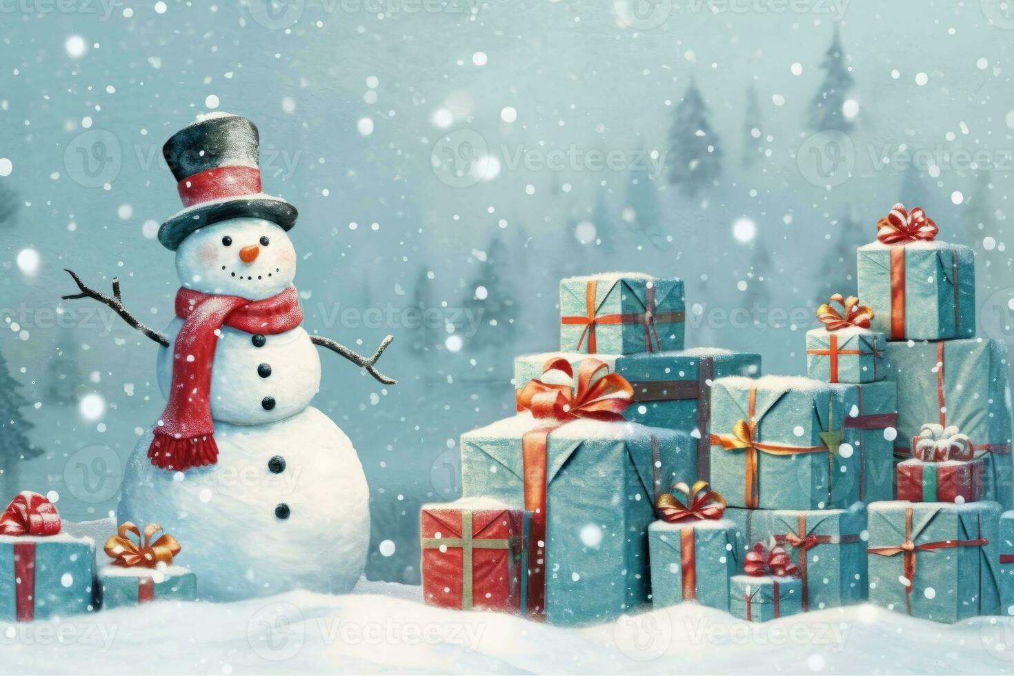 Weihnachten Geschenk Kisten auf Schnee mit Schneemann. generativ ai foto