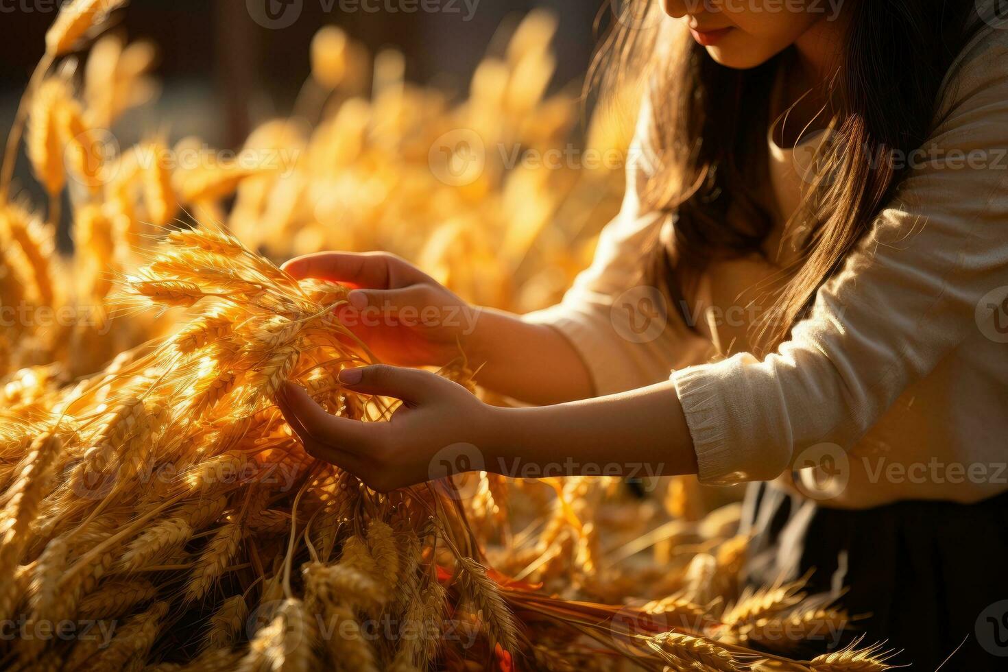 Frau hält ein Ohr von golden Weizen. ländlich Szene. generativ ai foto