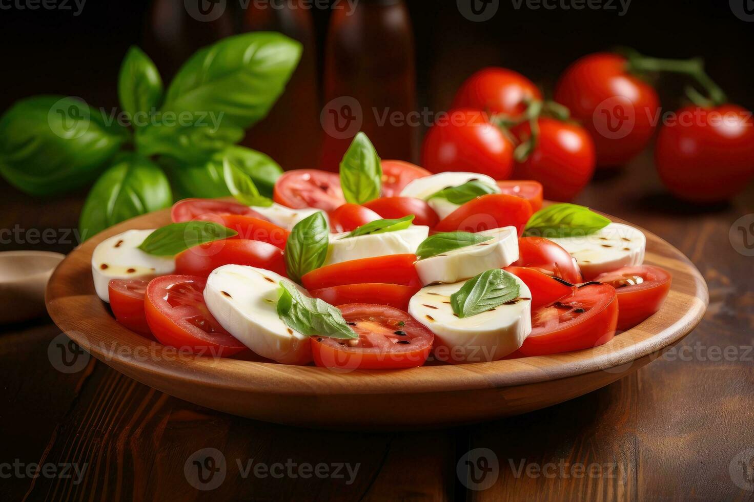 Mozzarella und Tomate Salat. frisch Italienisch Caprese Salat mit Mozzarella und Tomaten auf hölzern Tafel. generativ ai foto