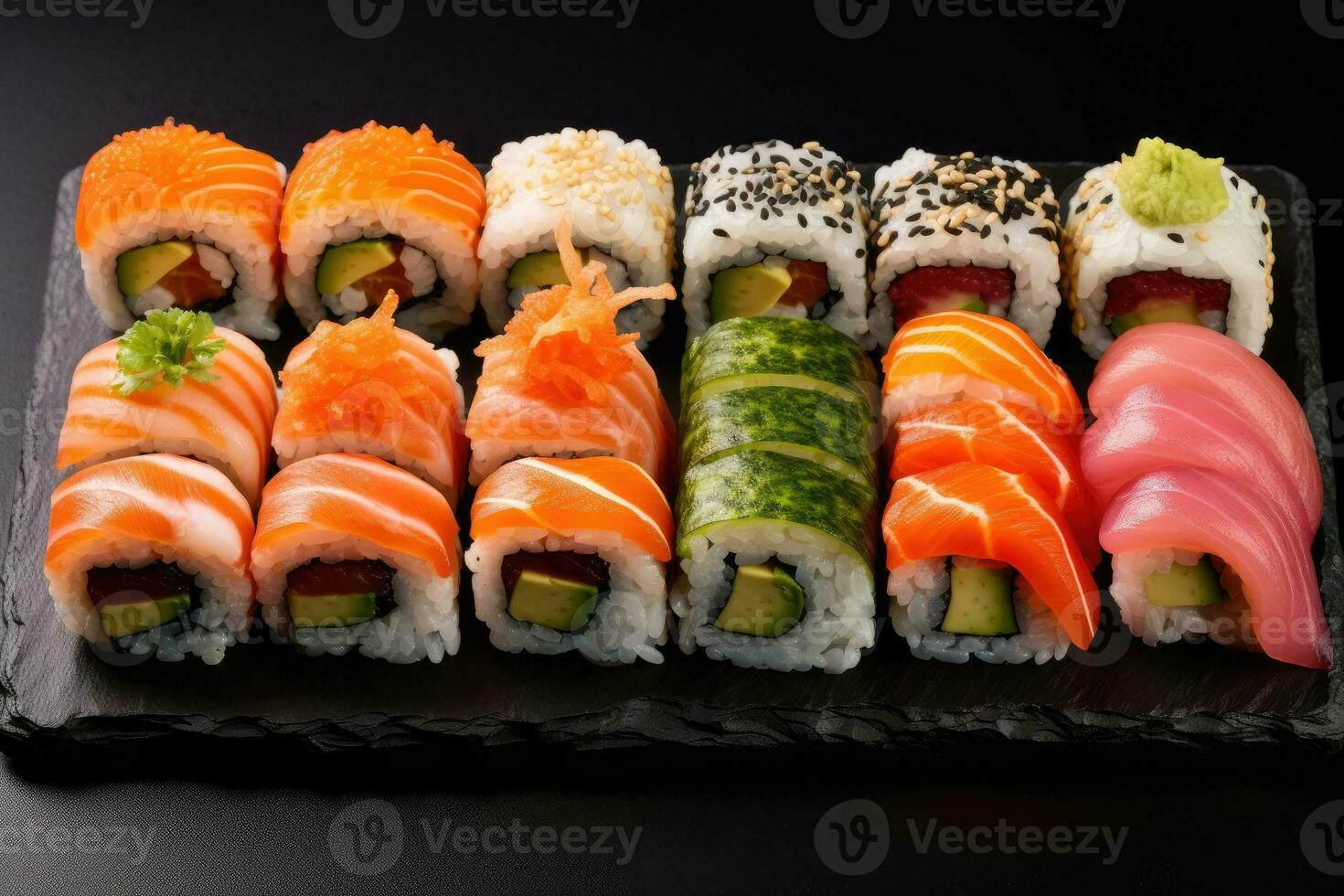 bei Fisch 25011009 Weiß. generativ Stock-Photo Meeresfrüchte Hintergrund rollen einstellen gesund Essen Reis japanisch Sushi ai. Vecteezy