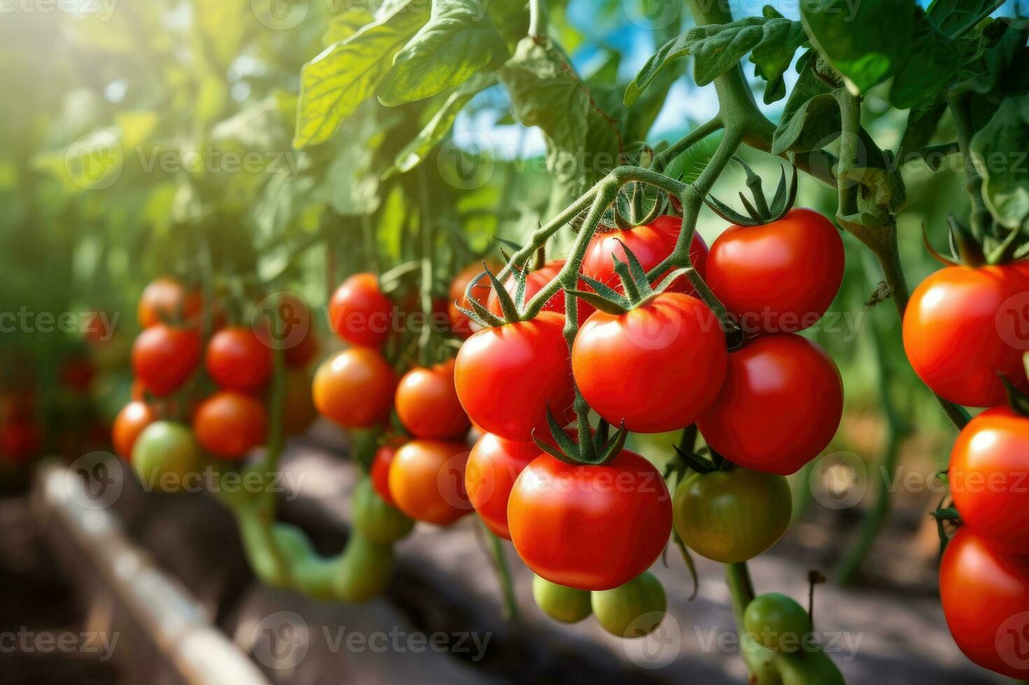 frisch organisch reif Tomaten Ast wachsend im Gewächshaus, Digital ai. foto